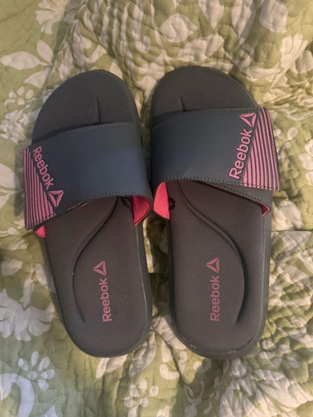 Reebok Dark Gray Slide Sandals with Pink Accents